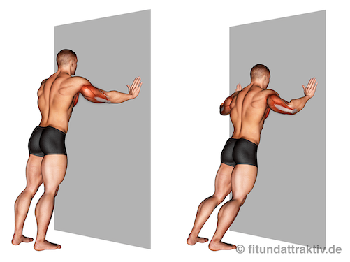 Bodyweight Training Brust breite Liegestütze an der Wand: Visueller Vergleich der aufrechten Haltung und des Vorneigens des Rumpfes im stabilen Stand gegen die vertikale Wandfläche.