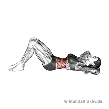 Bauch-weg Übungen Frauen ab 50 Crunches Arme angewinkelt: Eine fließende Animation des schwungfreien Anhebens aus der Kraft der oberen Bauchmuskulatur zur effektiven Straffung der Körpermitte.